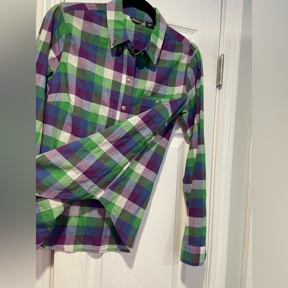 Eddie Bauer Size S Cotton Roll Tab Sleeve Button Down Shirt Green Purple Check - Picture 6 of 12
